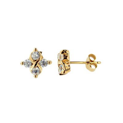 Sterling Silver White Cubic Zirconia Stud Earrings Over 18K Yellow Gold Plated