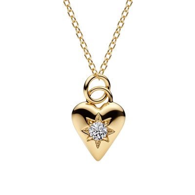 Sterling Silver White Cubic Zirconia Hear Over 18K Yellow Gold Plated Necklace 18 Inch