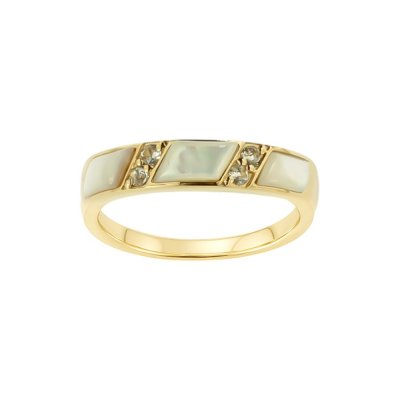 Sterling Silver Mother of Pearl & White Zircon Ring Over 18K Yellow Gold Plated