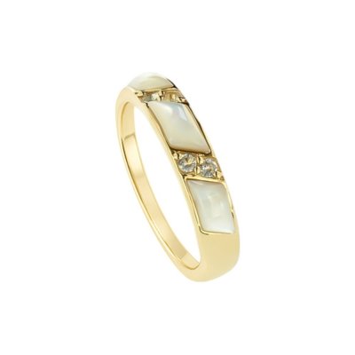Sterling Silver Mother of Pearl & White Zircon Ring Over 18K Yellow Gold Plated