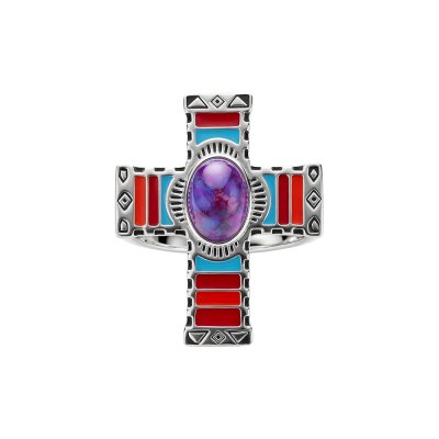 Sterling Silver Native Purple Turquoise With Enamel Cross Ring