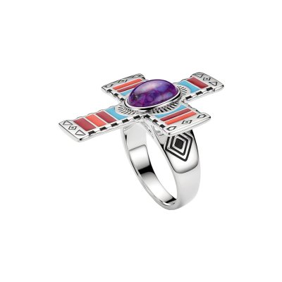 Sterling Silver Native Purple Turquoise With Enamel Cross Ring