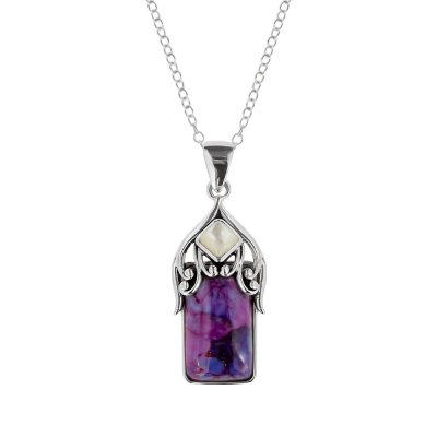 Sterling Silver Purple Turquoise & Mother Of Pearl Pendant With Chain 18 Inches