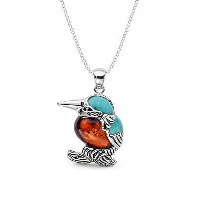 Sterling Silver Turquoise With Amber Hummingbird Pendant With Chain 18 Inches