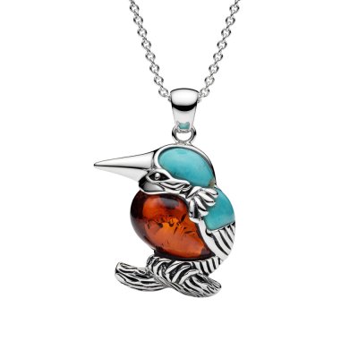 Sterling Silver Turquoise With Amber Hummingbird Pendant With Chain 18 Inches