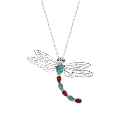 Sterling Silver Turquoise With Amber Dragonfly Pendant With Chain 18 Inches