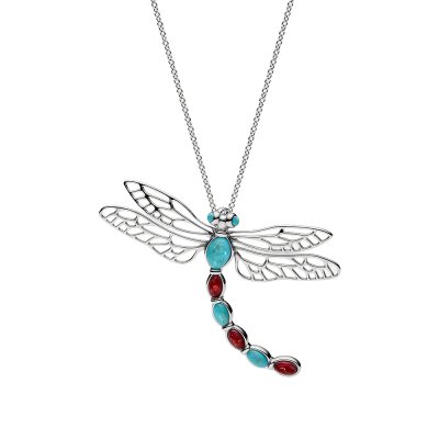 Sterling Silver Turquoise With Amber Dragonfly Pendant With Chain 18 Inches