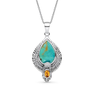 Sterling Silver Turquoise With Amber Eagle Pendant With Chain 18 Inches