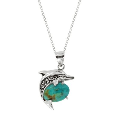 Sterling Silver Turquoise Dolphin Pendant With Chain 18 Inches