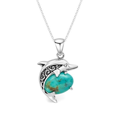 Sterling Silver Turquoise Dolphin Pendant With Chain 18 Inches