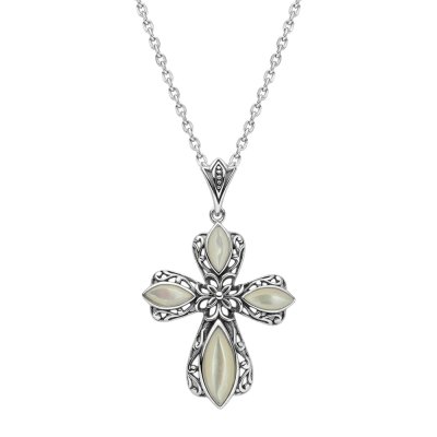 Sterling Silver Mother of Pearl Cross Pendant With Chain 18 Inches