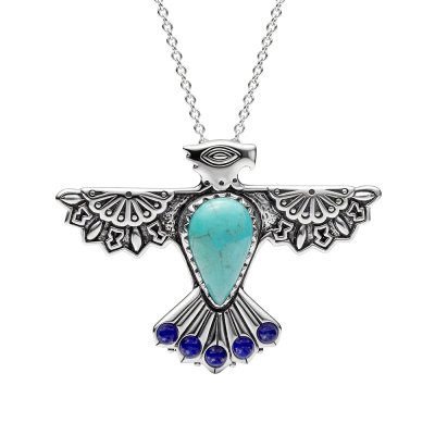 Sterling Silver Turquoise With Lapis Lazuli Eagle Pendant With Chain 18 Inches