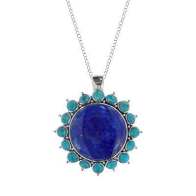 Sterling Silver Lapis Lazuli With Turquoise Pendant With Chain 18 Inches