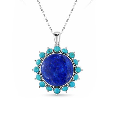 Sterling Silver Lapis Lazuli With Turquoise Pendant With Chain 18 Inches