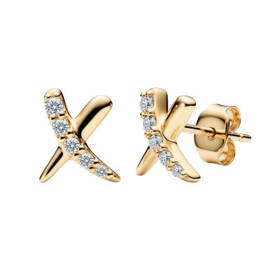 Sterling Silver White Cublic Zirconia Kiss Stud Over 18K Yellow Gold Plated