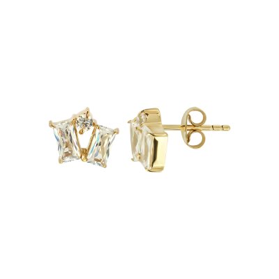 Sterling Silver White Cublic Zirconia  Emerald-Cut Stud Over 18K Yellow Gold Plated