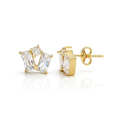 Sterling Silver White Cublic Zirconia  Emerald-Cut Stud Over 18K Yellow Gold Plated