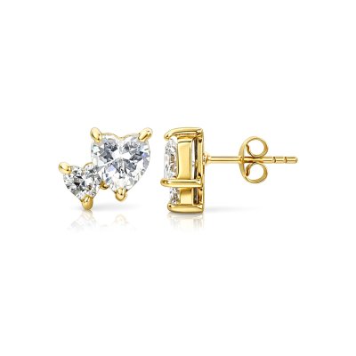 Sterling Silver White Cublic Zirconia Couble Heart Stud Over 18K Yellow Gold Plated