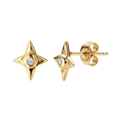 Sterling Silver White Cublic Zirconia Star Stud Over 18K Yellow Gold Plated