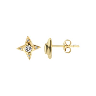 Sterling Silver White Cublic Zirconia Petite Compass Star Stud Over 18K Yellow Gold Plated