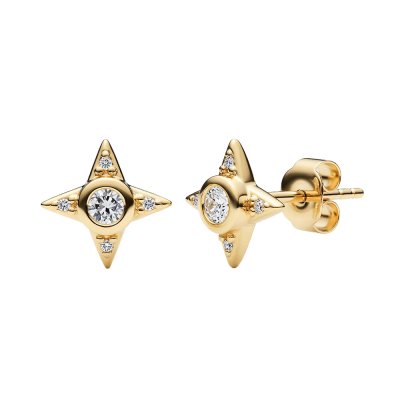 Sterling Silver White Cublic Zirconia Petite Compass Star Stud Over 18K Yellow Gold Plated