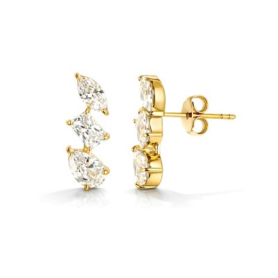 Sterling Silver White Cublic Zirconia Three Shape Earrings Over 18K Yellow Gold Plated