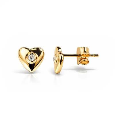 Sterling Silver White Cublic Zirconia Heart Stud Over 18K Yellow Gold Plated