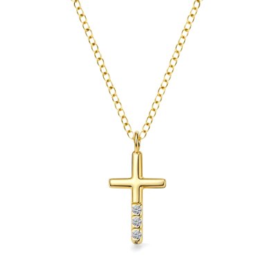 Sterling Silver White Cublic Zirconia Cross Pendant Over 18K Yellow Gold Plated with Chain 18 Inches