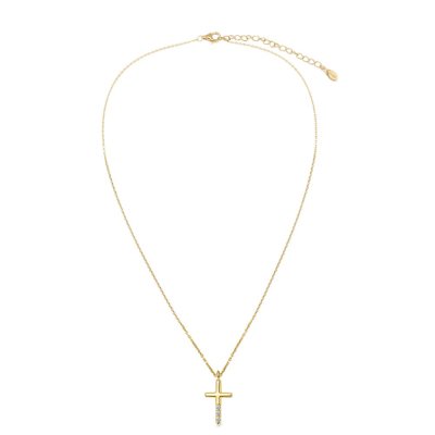 Sterling Silver White Cublic Zirconia Cross Pendant Over 18K Yellow Gold Plated with Chain 18 Inches