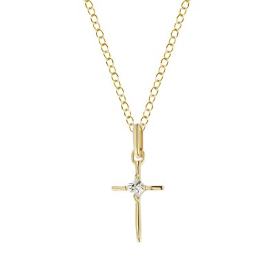 Sterling Silver White Cublic Zirconia Square Cross Pendant Over 18K Yellow Gold Plated with Chain 18 Inches