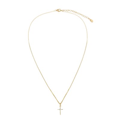 Sterling Silver White Cublic Zirconia Square Cross Pendant Over 18K Yellow Gold Plated with Chain 18 Inches