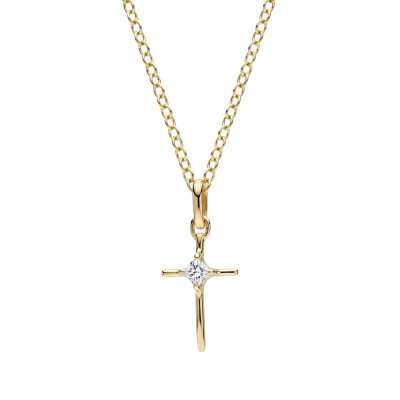 Sterling Silver White Cublic Zirconia Square Cross Pendant Over 18K Yellow Gold Plated with Chain 18 Inches