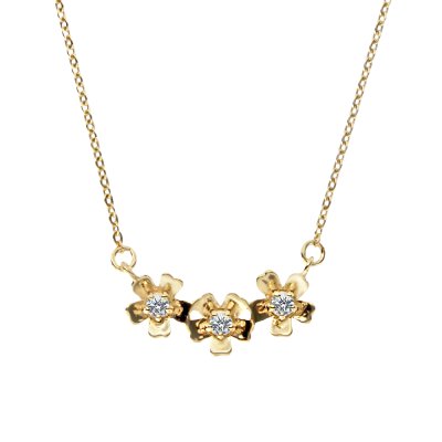 Sterling Silver White Cublic Zirconia Three Flowers Necklace Over 18K Yellow Gold Plated with Chain 18 Inches
