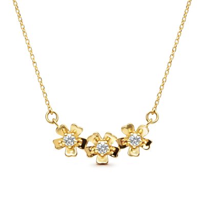 Sterling Silver White Cublic Zirconia Three Flowers Necklace Over 18K Yellow Gold Plated with Chain 18 Inches