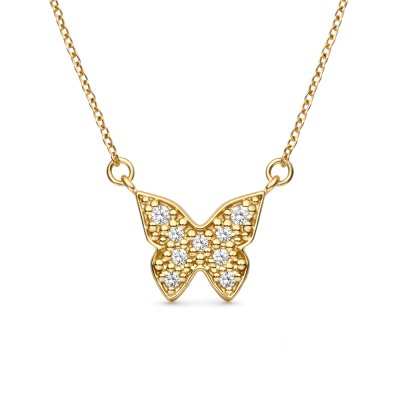Sterling Silver White Cublic Zirconia Butterfly Necklace Over 18K Yellow Gold Plated with Chain 18 Inches
