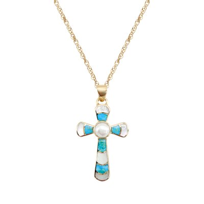 Sterling Silver Fresh Water Pearl With Inlay Turquoise & MOP Cross Pendant Over 18K Yellow Gold Plated with Chain 18 Inches