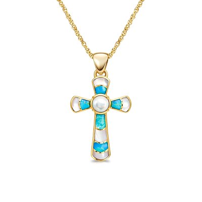Sterling Silver Fresh Water Pearl With Inlay Turquoise & MOP Cross Pendant Over 18K Yellow Gold Plated with Chain 18 Inches