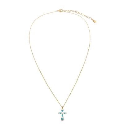Sterling Silver Fresh Water Pearl With Inlay Turquoise & MOP Cross Pendant Over 18K Yellow Gold Plated with Chain 18 Inches