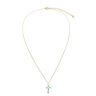 Sterling Silver Fresh Water Pearl With Inlay Turquoise & MOP Cross Pendant Over 18K Yellow Gold Plated with Chain 18 Inches