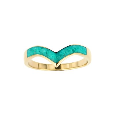 Sterling Silver Chevron Turquoise Inlay Ring Over 18K Yellow Gold Plated