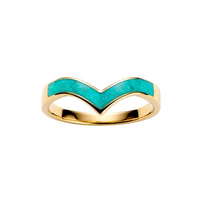 Sterling Silver Chevron Turquoise Inlay Ring Over 18K Yellow Gold Plated