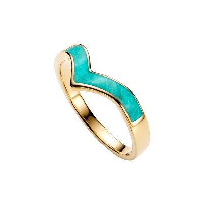 Sterling Silver Chevron Turquoise Inlay Ring Over 18K Yellow Gold Plated