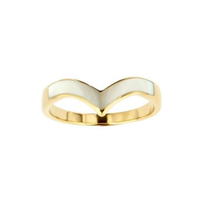 Sterling Silver Chevron Mother of Pearl Inlay Ring Over 18K Yellow Gold Plated