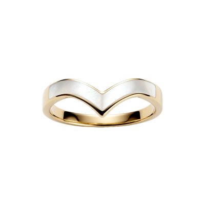 Sterling Silver Chevron Mother of Pearl Inlay Ring Over 18K Yellow Gold Plated