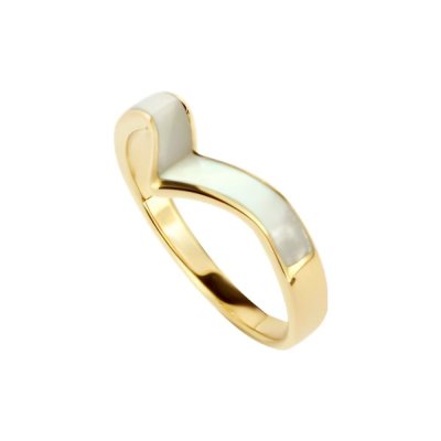 Sterling Silver Chevron Mother of Pearl Inlay Ring Over 18K Yellow Gold Plated