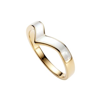 Sterling Silver Chevron Mother of Pearl Inlay Ring Over 18K Yellow Gold Plated