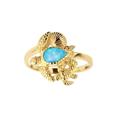 Sterling Silver Synthetic Light Blue Opal Turtle Ring Over 18K Yellow Gold Plated