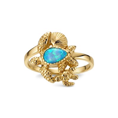 Sterling Silver Synthetic Light Blue Opal Turtle Ring Over 18K Yellow Gold Plated