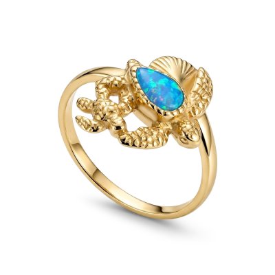Sterling Silver Synthetic Light Blue Opal Turtle Ring Over 18K Yellow Gold Plated