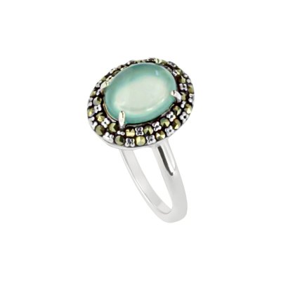 Sterling Silver Aquamarine Chalcedony With Marcasite Ring